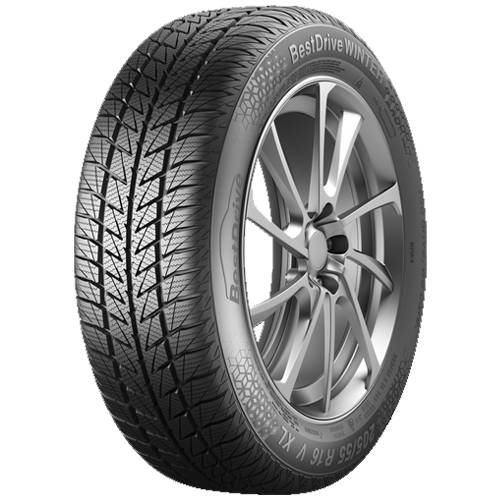 Silberlegierter Autokranz mit schwarzem Ganzjahresreifen vor schwarzem Hintergrund, auf der Seitenwand mit „BestDrive Winter