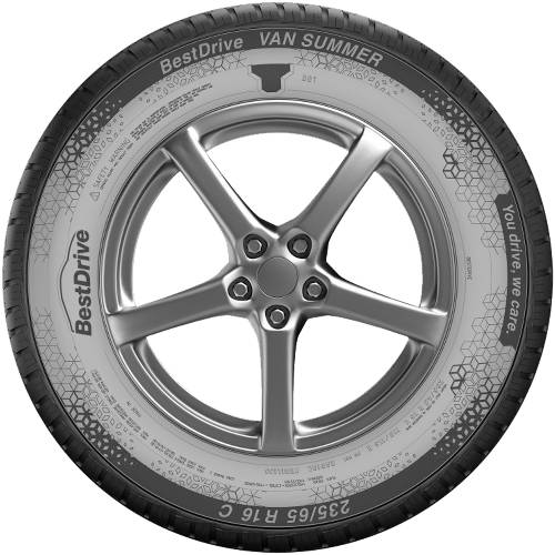 Produktbild eines Autoreifen und einer Leichtmetallfelge, gekennzeichnet mit „BestDrive VAN SUMMER