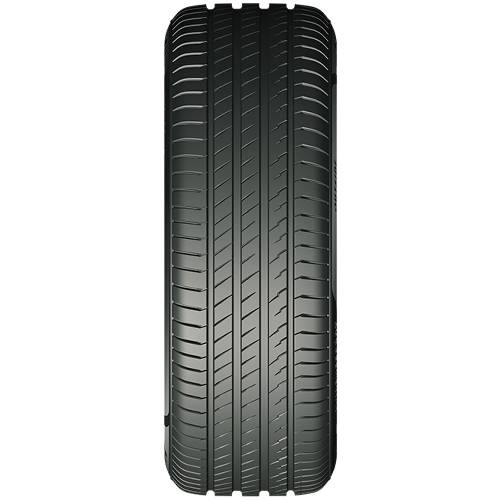 Vorderansicht eines schwarzen Autoreifens mit Profilmuster auf einem schlichten dunklen Hintergrund.