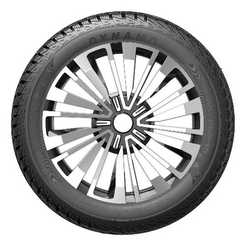 Schwarzer Autoreifen mit silbernem Leichtmetallfelge mit Mehrspeinendesign auf schwarzem Hintergrund.