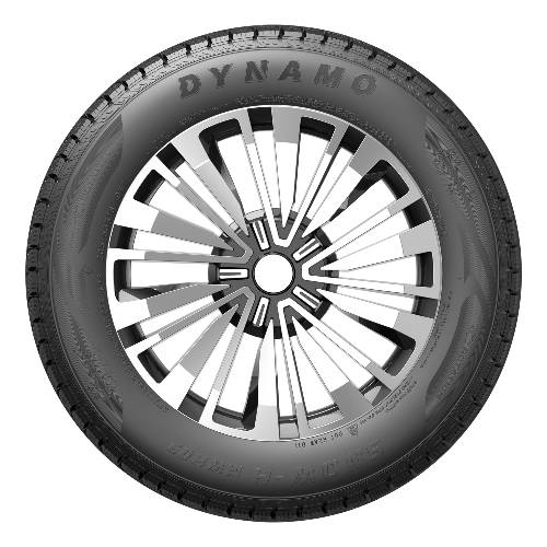 Vorderansicht eines schwarzen Autoreifens mit einer silber-schwarzen Leichtmetallfelge mit der Bezeichnung „DYNAMO