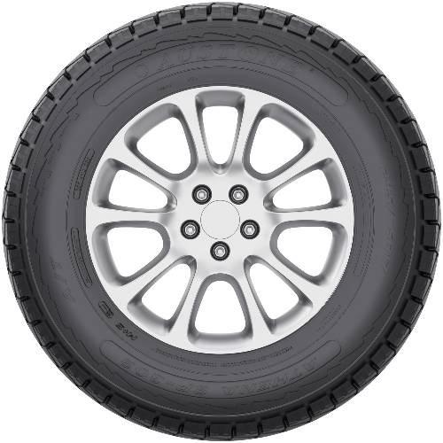 Autorad mit schwarzem Reifen und silbernem Leichtmetallfelge, frontal auf einfachem dunklem Hintergrund dargestellt.