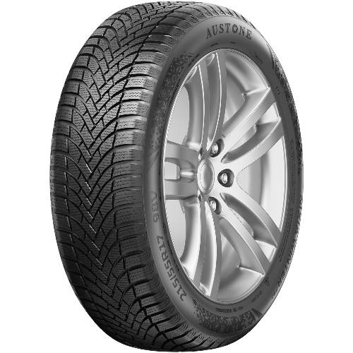 Ein Silberlegierungs-Rad mit einem schwarzen AUSTONE-Winterreifen auf einem einfachen schwarzen Hintergrund gezeigt.