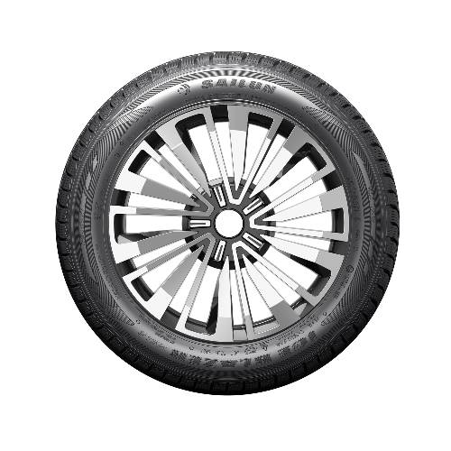 Schwarzer Autoreifen mit silbernem und schwarzem mehrspeichigem Leichtmetallrad, von vorne gegen einen einfachen schwarzen Hintergrund gezeigt.