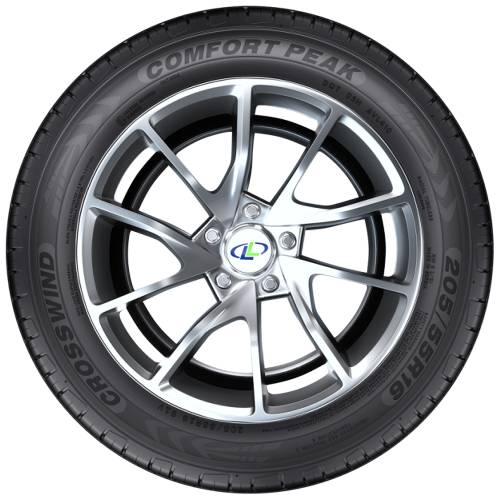 Ein schwarzer Autoreifen mit silberfarbigem fünfspeichigem Leichtmetallrad, zentriert auf einem einfarbigen Hintergrund, gekennzeichnet mit „COMFORT PEAK