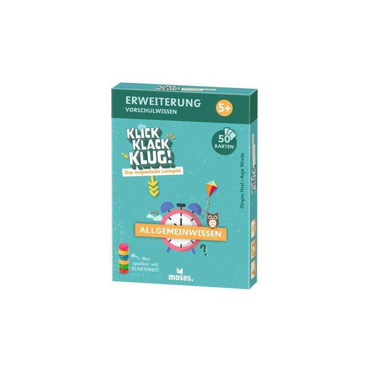 Eine teal-farbene Box für das Quizspiel 'Klick Klack Klug!', mit der Aufschrift 'Erweiterung Vorschulwissen', '5+' und '50 Karten', mit 'Allgemeinwissen' auf der Vorderseite.