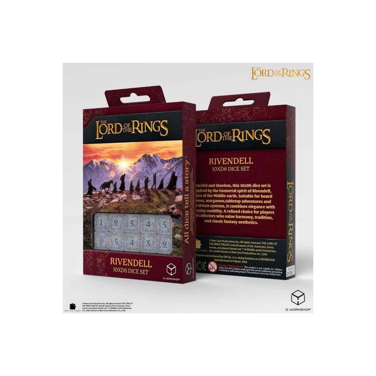 Herr der Ringe Bruchtal 10x6 Würfelset-Verpackung mit zwei weinroten Schachteln und transparentem Würfeltablett mit illustriertem Bruchtal-Artwork.