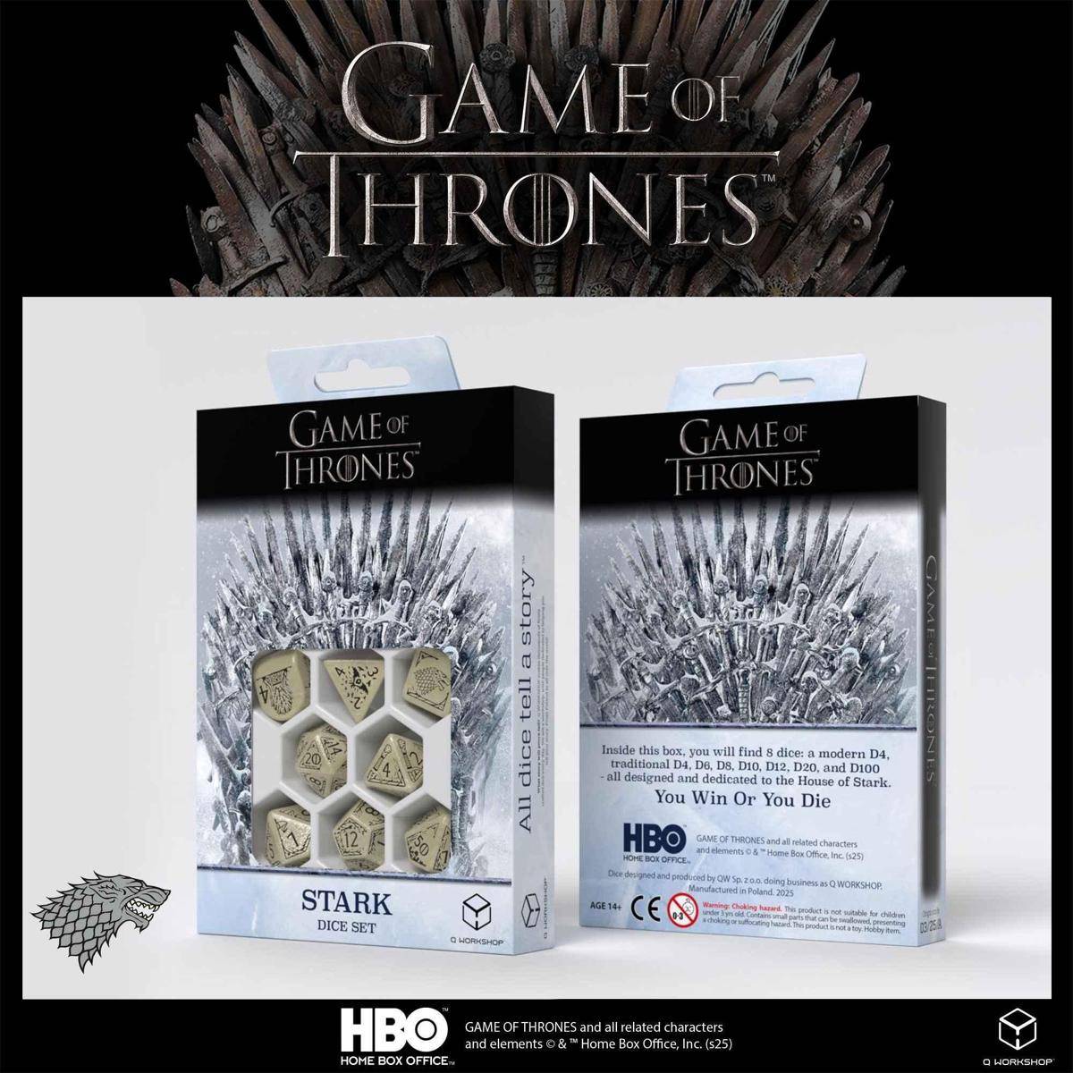 # Game of Thrones Stark Würfelset-Verpackung, vorne und hinten dargestellt, mit Kunstwerk des Eisernen Throns und Text „All Dice Tell a Story