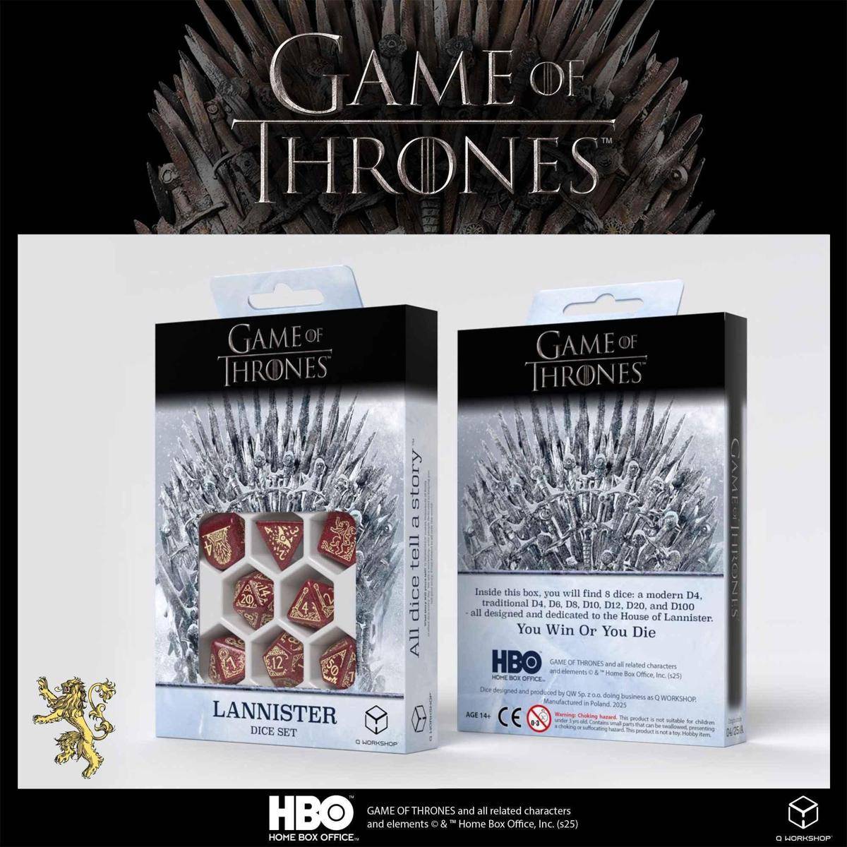 Game of Thrones Lannister Würfelset-Verpackung von vorne und hinten gezeigt, mit Eisernem Thron-Kunstwerk und HBO-Branding.