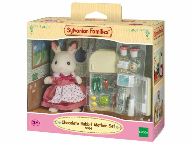 Sylvanian Families 'Schokoladenkaninchen Mutter Set' Spielzeug in Originalverpackung mit weißer Kaninchenfigur und miniaturem Küchenzubehör, ab 3 Jahren.