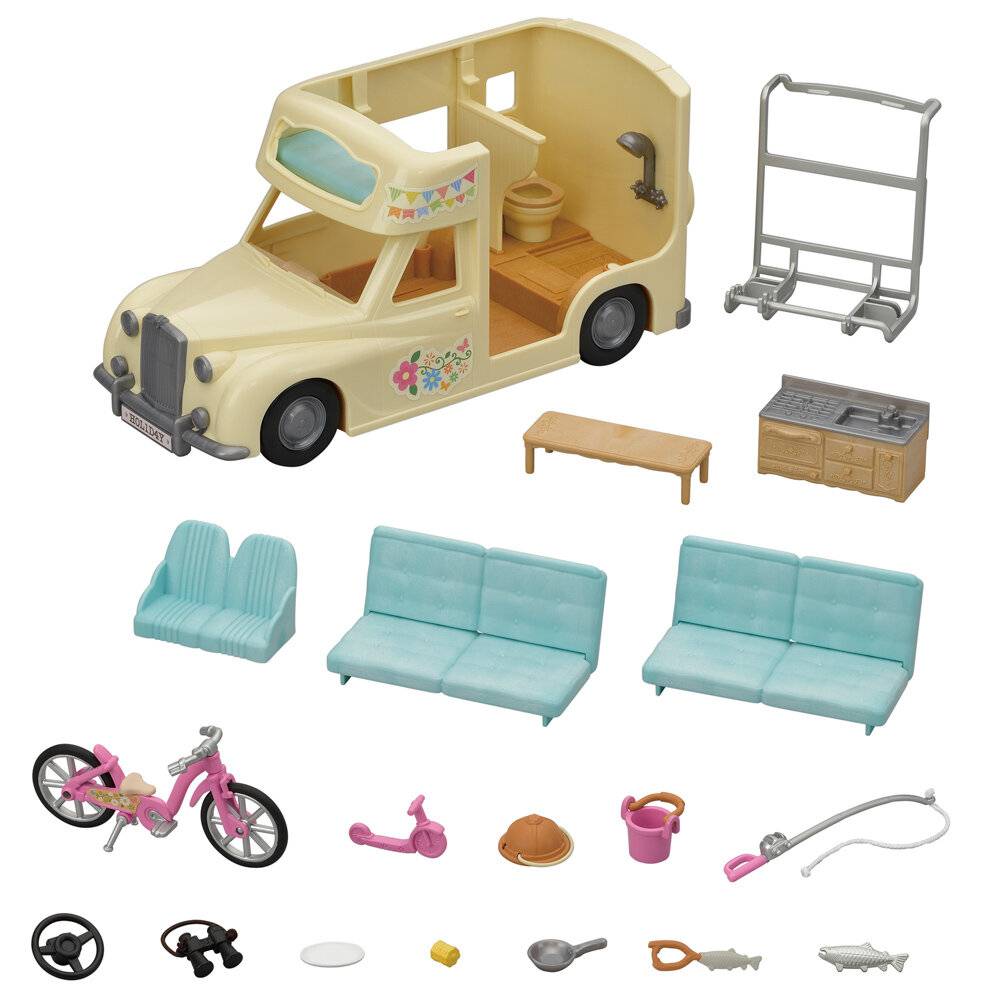 Spielzeug-Wohnmobil-Set mit Möbeln und Zubehör im Miniaturformat, einschließlich Sofas, Fahrrad, Roller, Werkzeuge, Küchenartikel und Gepäckträger.