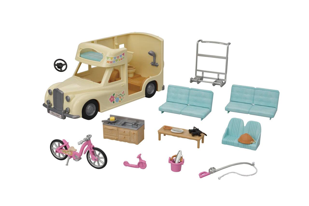 Spielzeug-Wohnwagen-Set mit Lenkrad, Sitzen, Fahrrad, Spülschrank, Tisch, Roller, Eimer, Schlauch und Gepäckträger-Teilen.