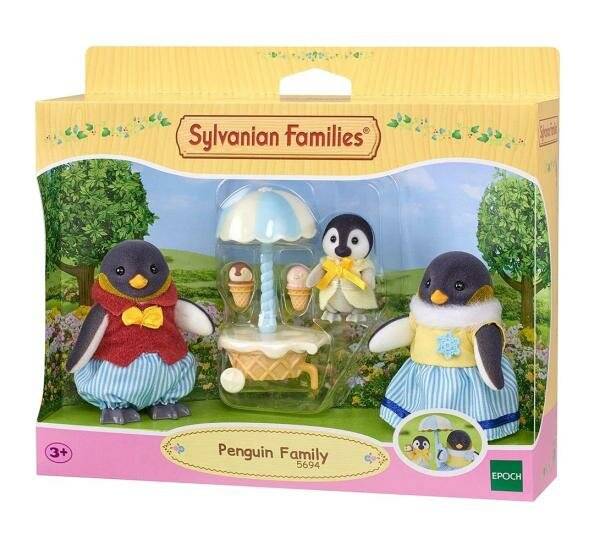 Sylvanian Families Pinguinfamilien-Spielset mit drei Pinguinfiguren und einem kleinen Eiswagen in einer Anzeigeschachtel.