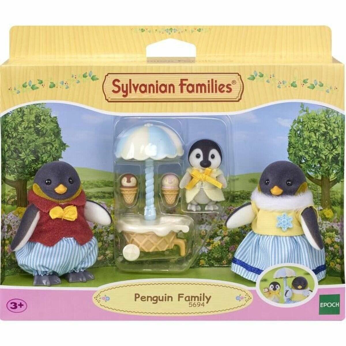 Sylvanian Families Pinguinfamilie Spielzeugset in der Verpackung, mit zwei erwachsenen Pinguinen, einem Pinguin-Baby und einem kleinen Eiswagen-Zubehör.