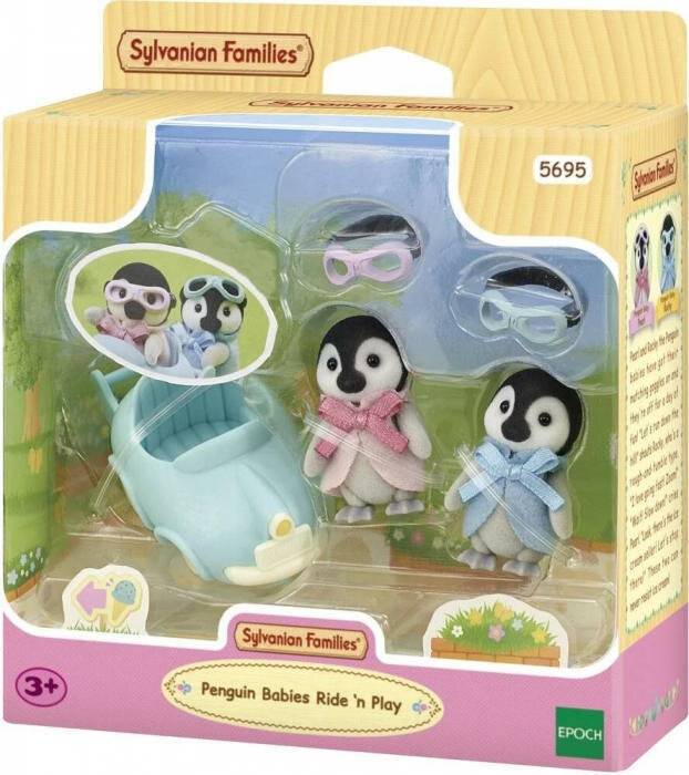 Sylvanian Families 'Pinguin-Babys fahren und spielen' Spielzeugset in einer Box mit zwei Pinguinfiguren, einem Rutschfahrzeug und Zubehör; ab 3 Jahren.