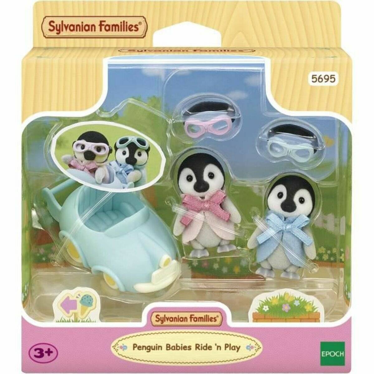 Sylvanian Families Pinguinbabys Ride 'n Play Spielzeugset mit zwei Pinguinbaby-Figuren, einem blauen Rutschauto und einer Schutzbrille in der Verpackung.
