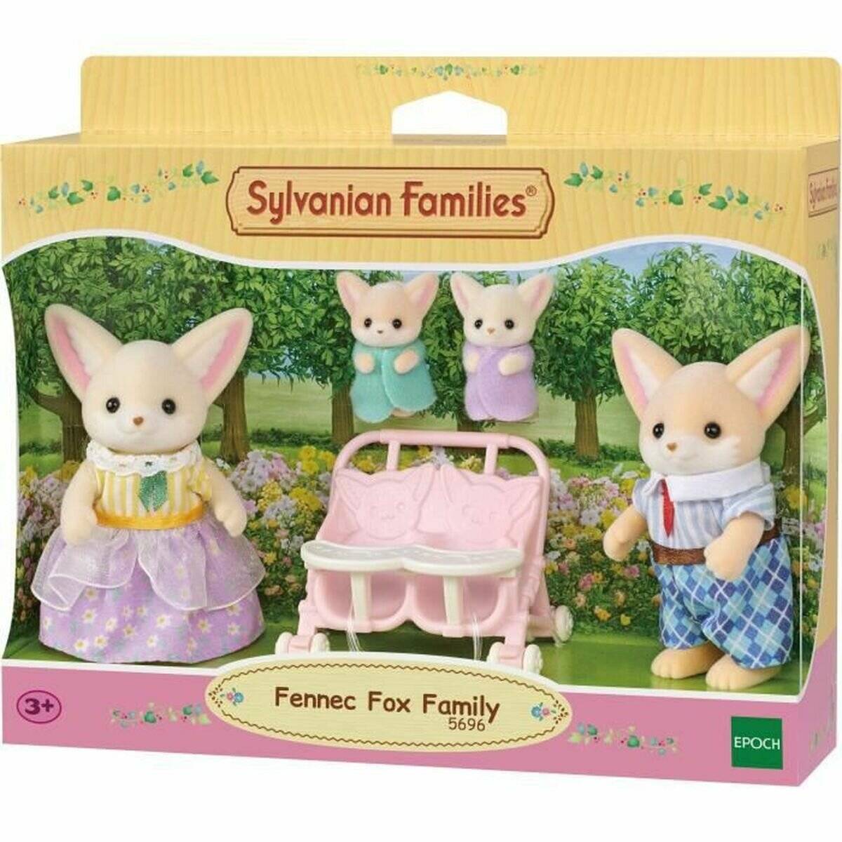 Verpacktes Sylvanian Families 'Fennec Fox Family' Spielset mit vier Fuchsfiguren und einem rosa Kinderwagen