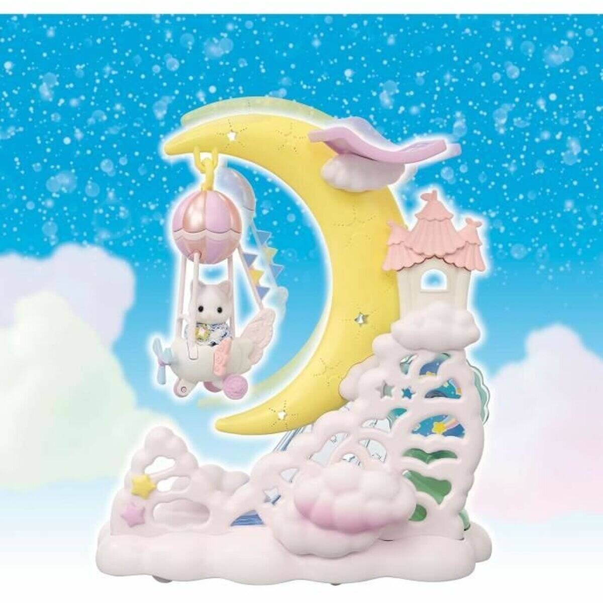 Pastellfarbene dekorative Nachtlichtplastik mit einer Mondsichel und einem kleinen Kaninchen in einem hängenden Körbchen, Wolken und einem winzigen Schloss.