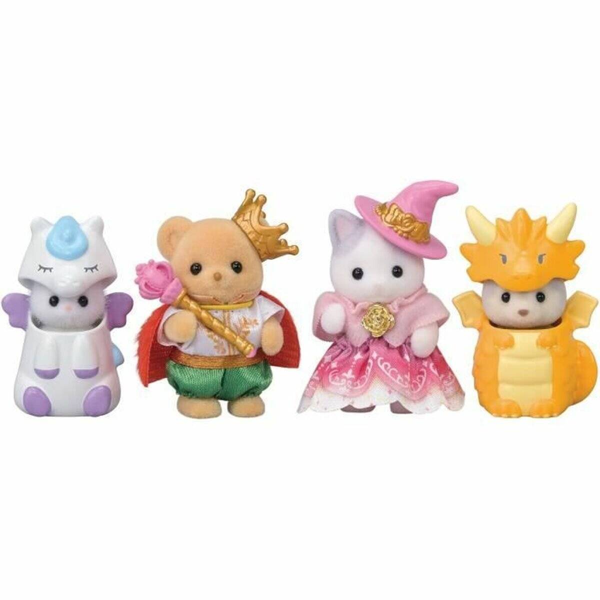 Vier kleine Tierfigurinen gekleidet als Fantasy-Charaktere: ein Einhorn, ein gekrönter Bärenprinz, eine rosa Hexenkatze und ein Drache.