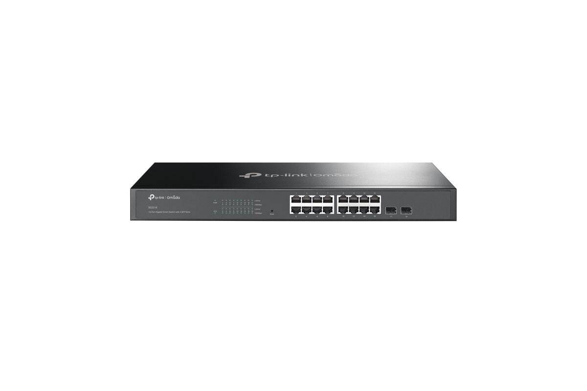 Frontansicht eines Rack-Montage-Netzwerk-Switches mit mehreren Ethernet-Anschlüssen und Statusleuchten auf einem dunkelgrauen Gehäuse.