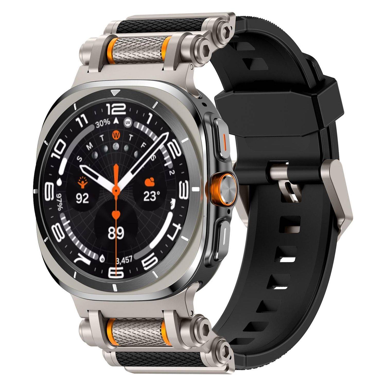 Schwarze und silberne robuste Smartwatch mit digital rundem Zifferblatt mit orangefarbenen Akzenten und schwarzem Armband, dargestellt in einer produktgestalteten Seitenansicht.