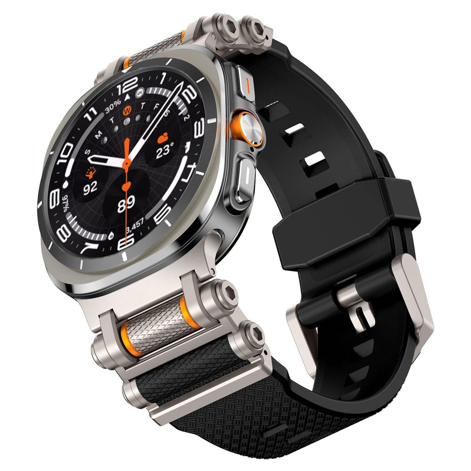 Silberne Smartwatch mit schwarzem Armband und orangefarbenen Akzenten, in einer Dreiviertelsansicht mit rundem Digitaldisplay und Seitentasten gezeigt.