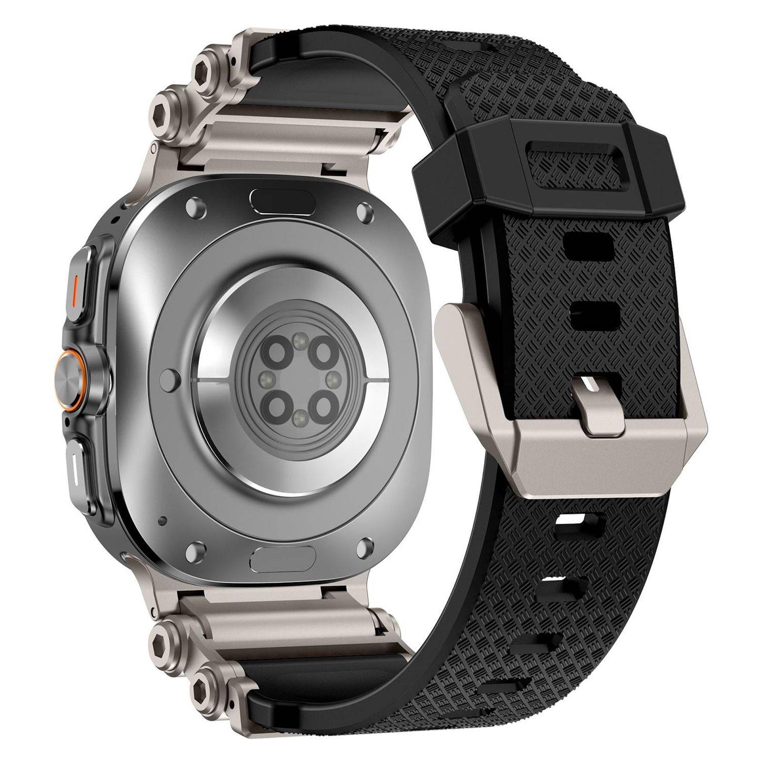 Rückseite einer Smartwatch mit schwarzem strukturiertem Armband und Metallgehäuse, das das kreisförmige Sensorfeld auf weißem Hintergrund zeigt.