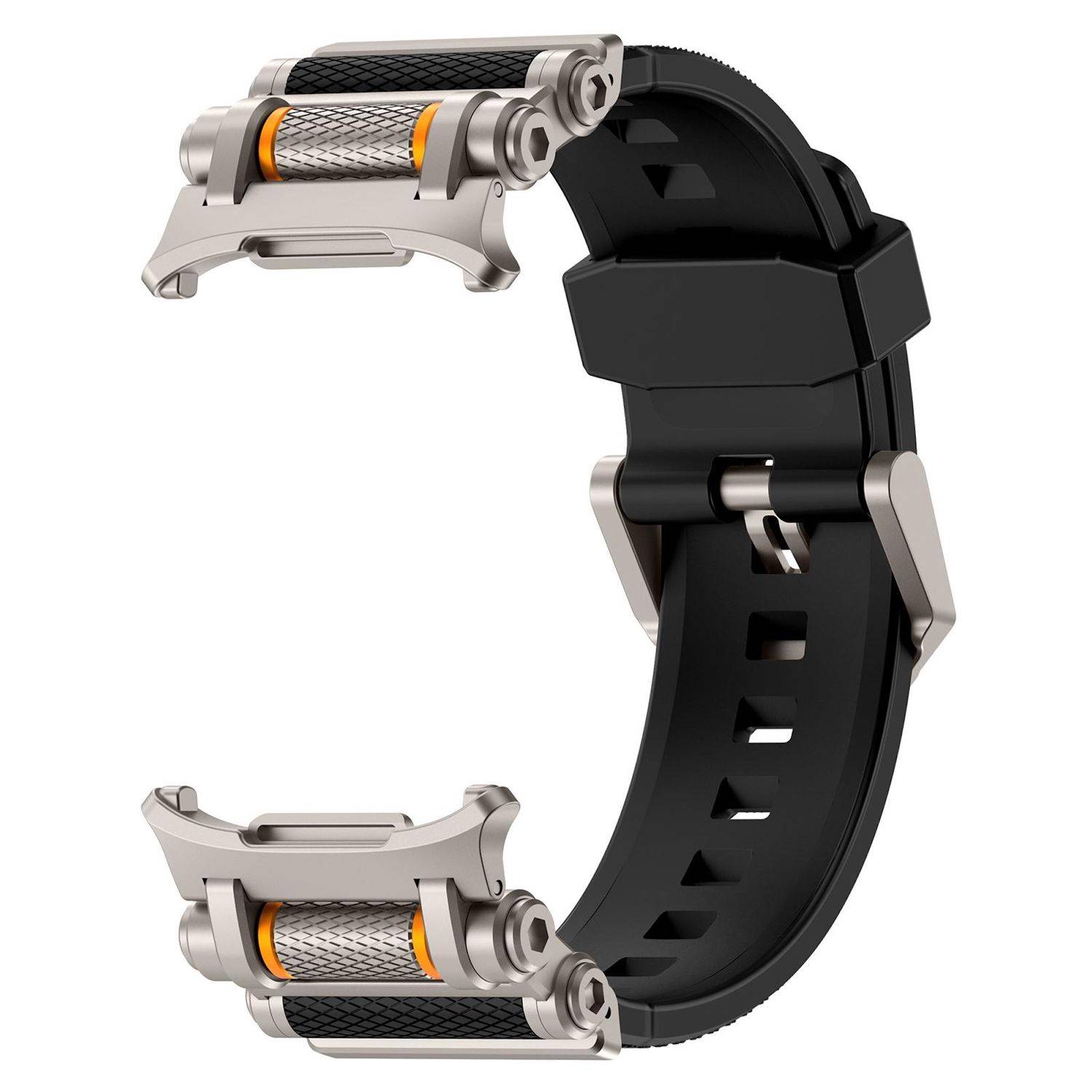 Schwarzes Smartwatch-Armband mit silberner mechanischer Schließe und Rollenelementen, offen dargestellt, um das verstellbare Armband-Design zu zeigen.
