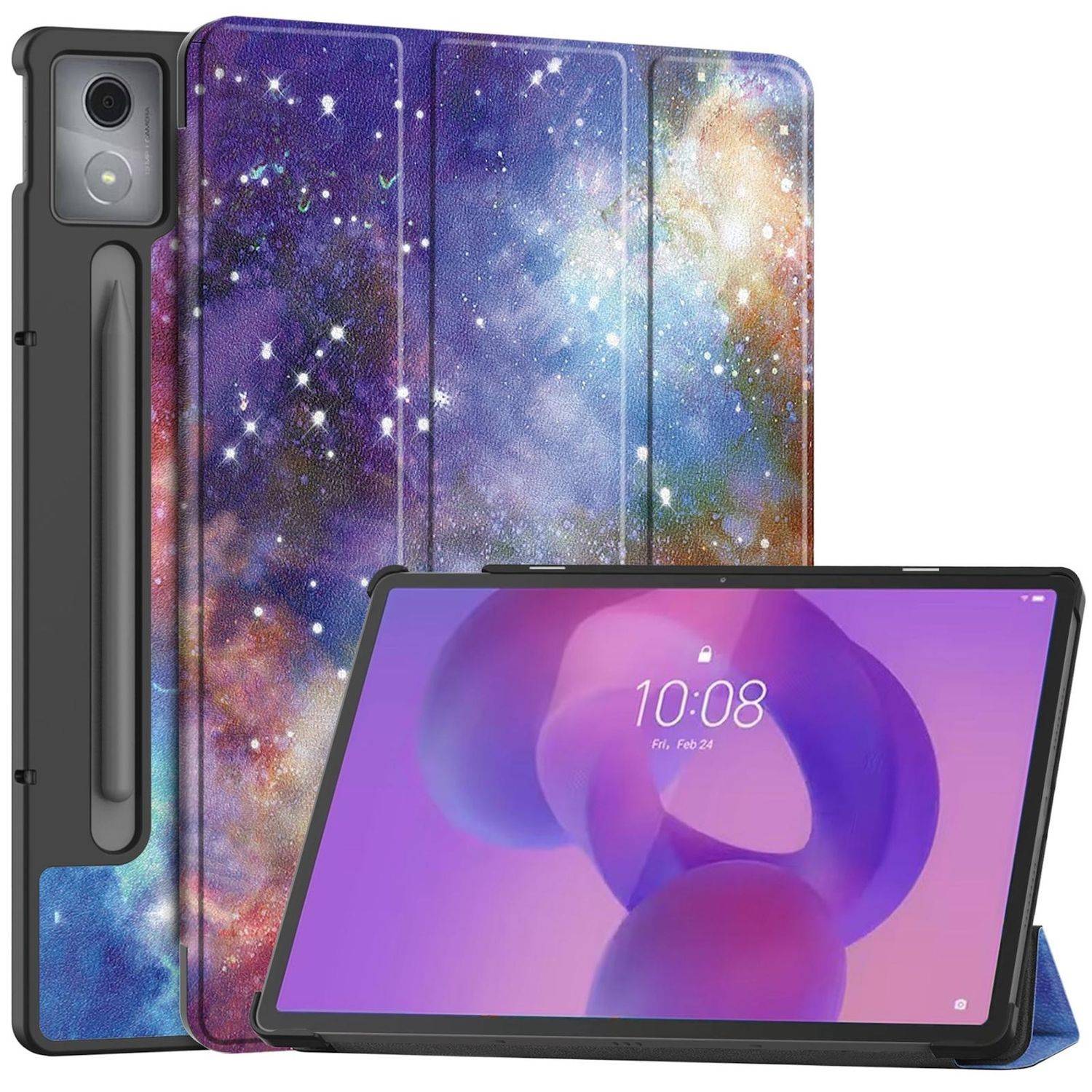 Galaxie-Design Schutz-Tablet-Hülle mit integriertem Stifthalter und ein Tablet in einem Ständer zum Aufklappen gezeigt.