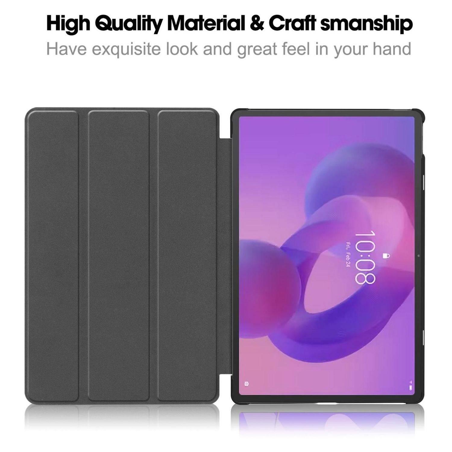 Tablet in einem dunkelgrauen Tri-Fold-Etui, geöffnet neben dem Bildschirm dargestellt. Der Text oben besagt „Hochwertiges Material & Handwerk