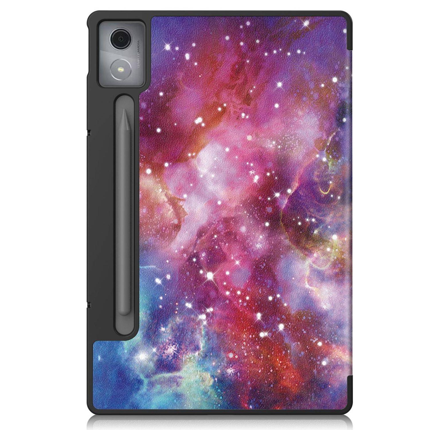 Tablet-Hülle mit integriertem Stylus-Halter, mit buntem Galaxie- und Sternenfeldmuster auf der Rückseite.