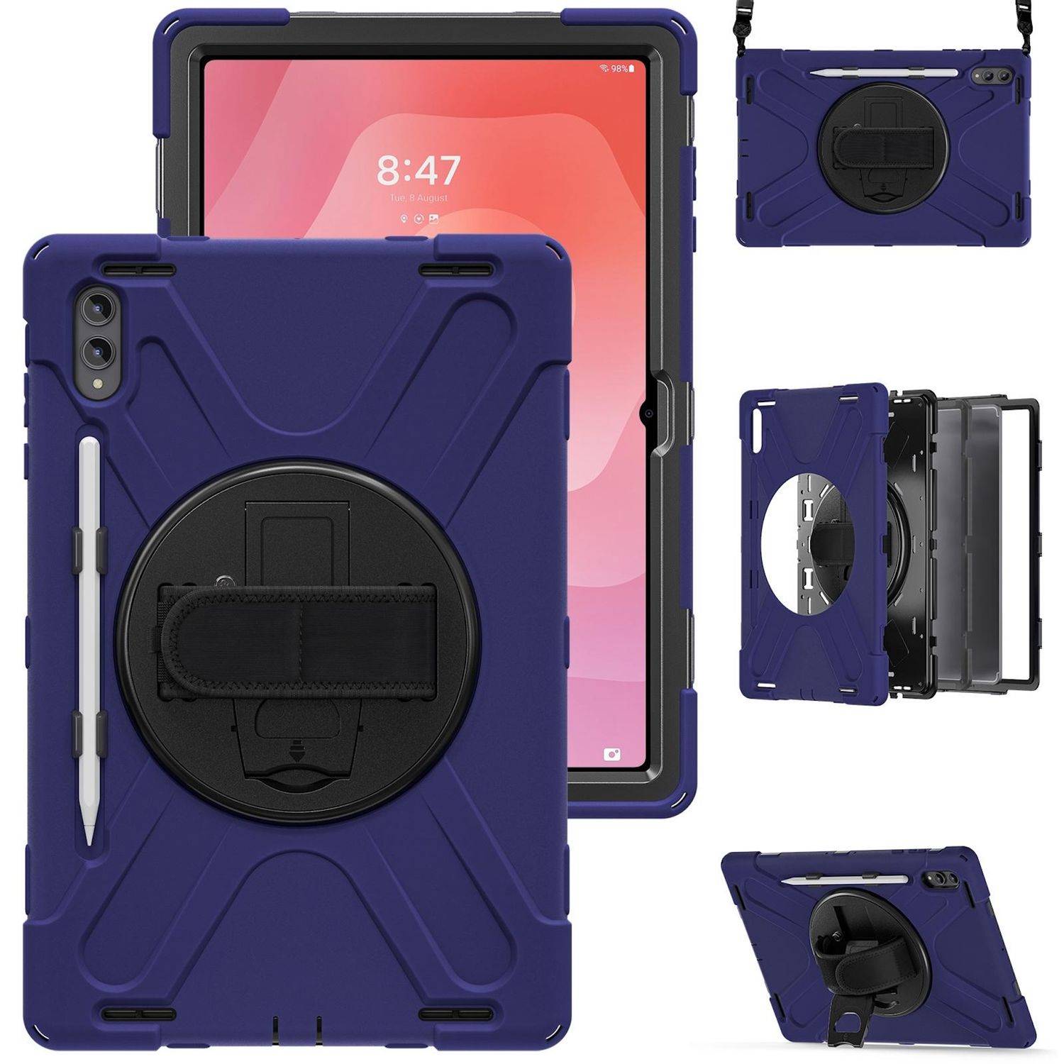 Violette robuste Tablet-Schutzhülle mit integrierten Handschlaufe und Ständer, gezeigt mit Tablet von vorne, hinten und schrägen Ansichten.