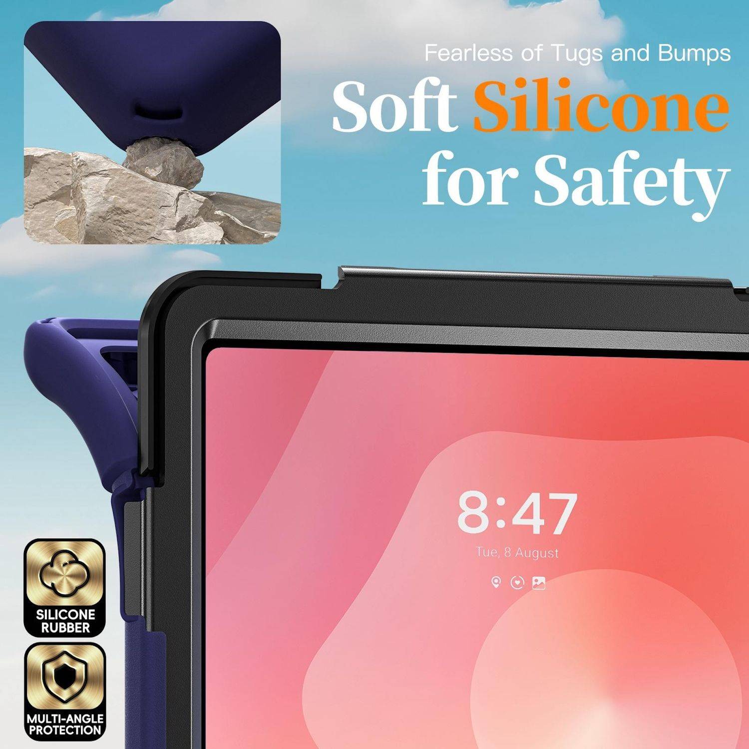 Tablet-Schutzhülle mit weichem Silikon für Sicherheit und Multiwinkelsicherung, mit robustem violettem Griff und Displayschutz um ein Tablet herum.