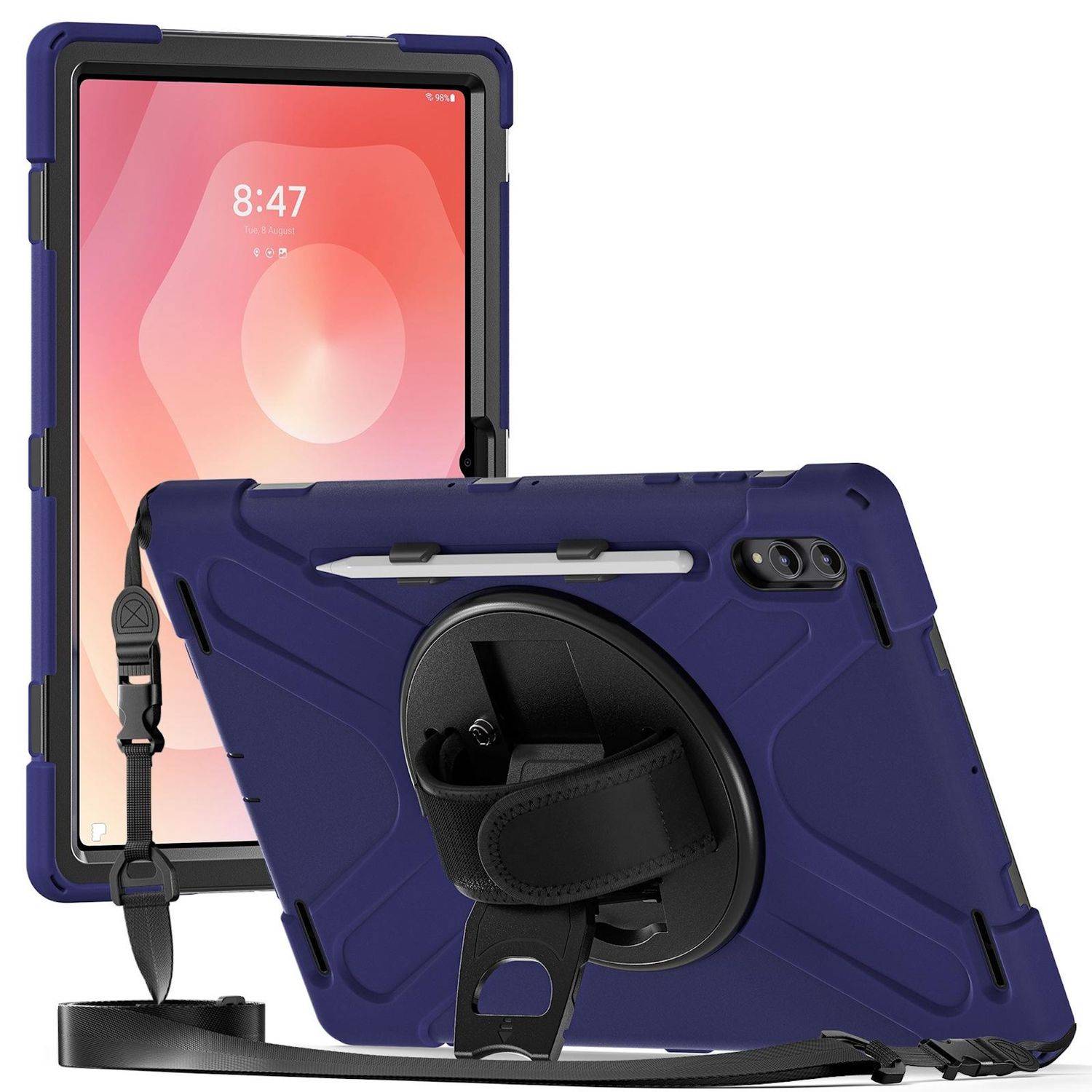 Robustes Tablet-Case in Dunkelblau mit Handschlaufe, Ständer und Schultergurt, gezeigt auf einem Tablet.