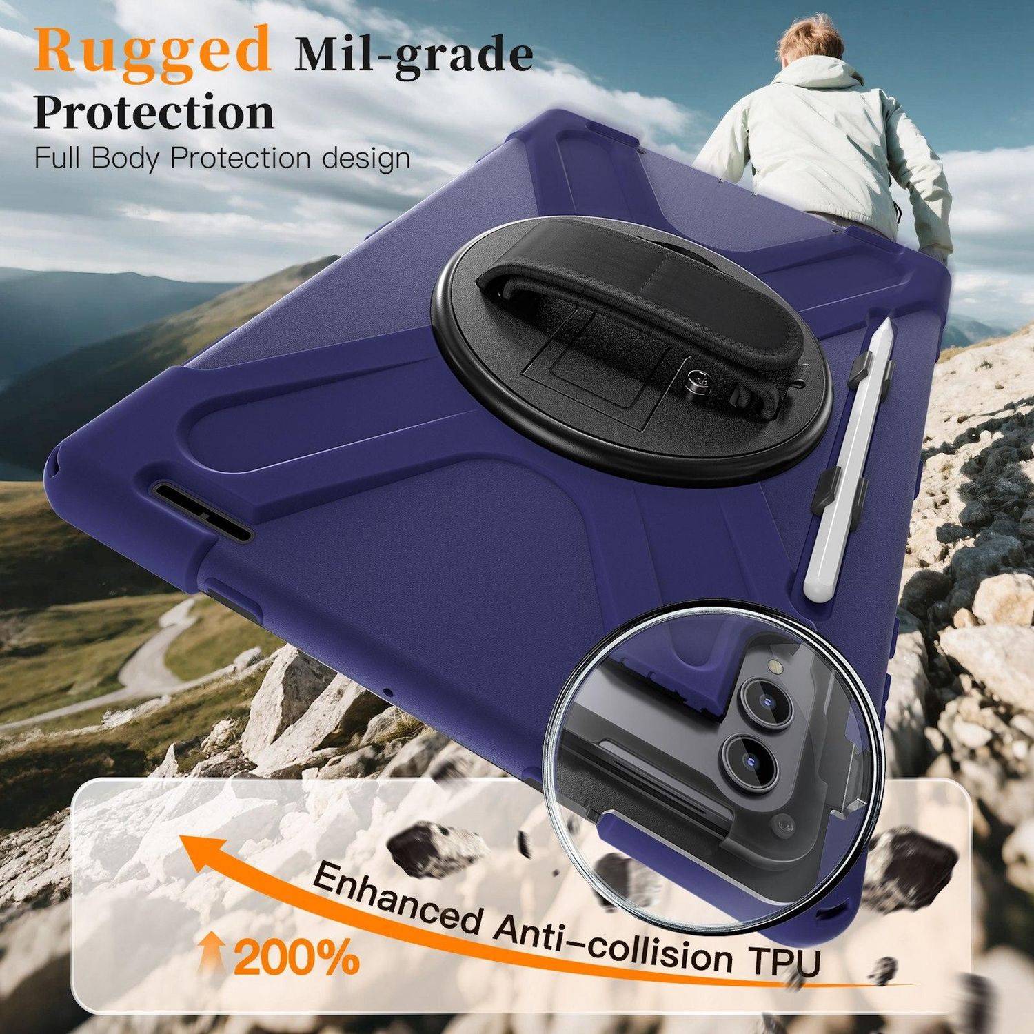 Violette robuste Handyhülle mit Ständer und Kameraschutz, gekennzeichnet mit „Rugged Mil-grade Protection