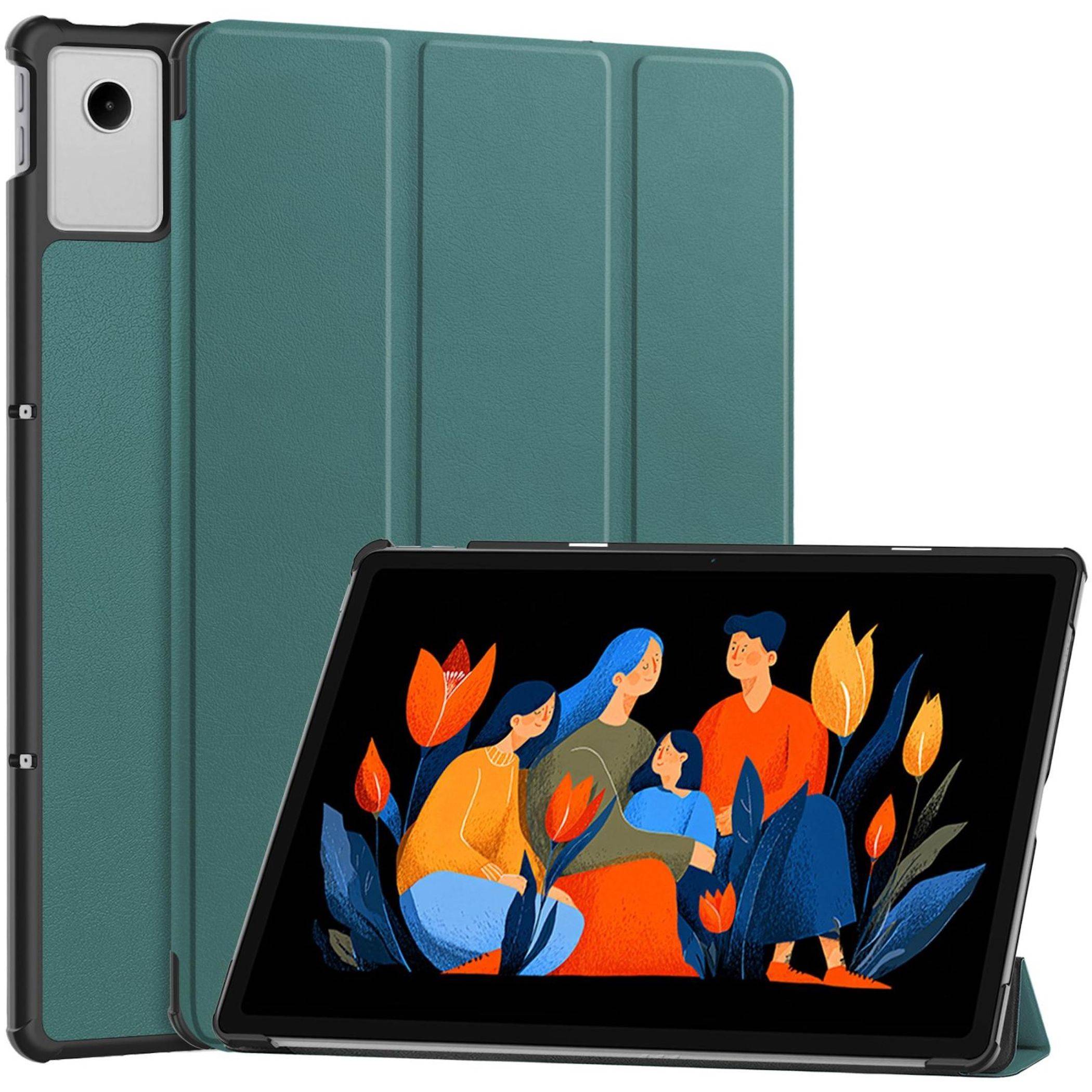 Schwarze Tablet-Folio-Schutzhülle von vorne und hinten gezeigt, mit Rückseiten-Kameraausschnitt und einem Tablet, das eine bunte Familienillustration anzeigt.