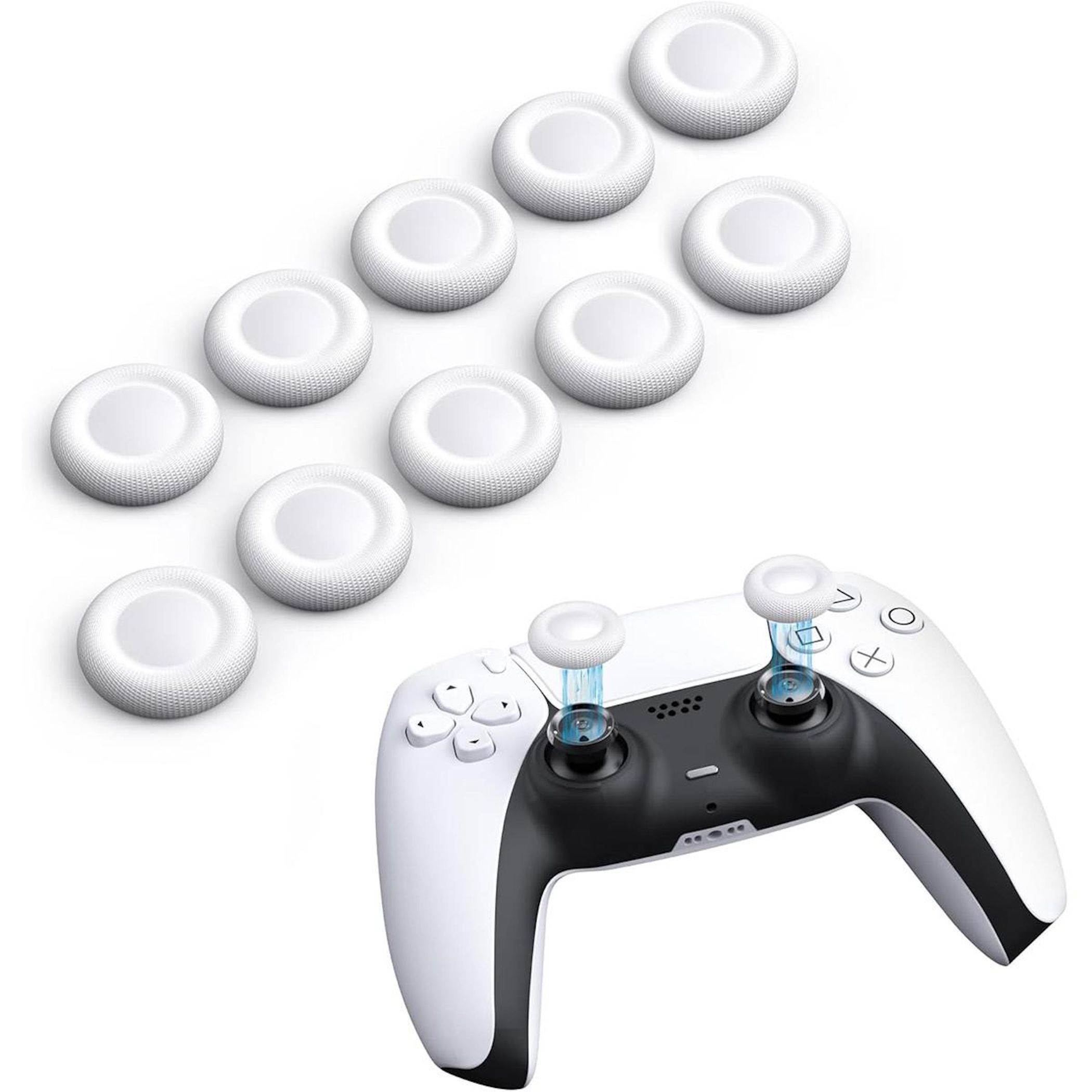 Weißer PlayStation 5-Controller mit durchsichtigen Analog-Sticks, dargestellt unter einer Reihe von schwebenden weißen kreisförmigen Scheiben auf einfachem Hintergrund.
