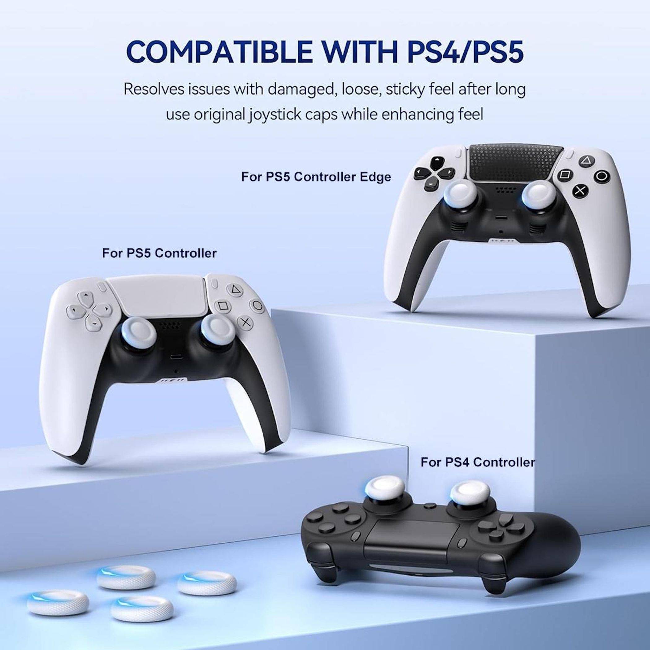 Werbegrafik zeigt Joystick-Kappen, die mit PS4- und PS5-Controllern kompatibel sind, einschließlich PS5 Edge; der Text besagt, dass sie beschädigte, lockere, klebrige Sticks reparieren und das Spielgefühl verbessern.