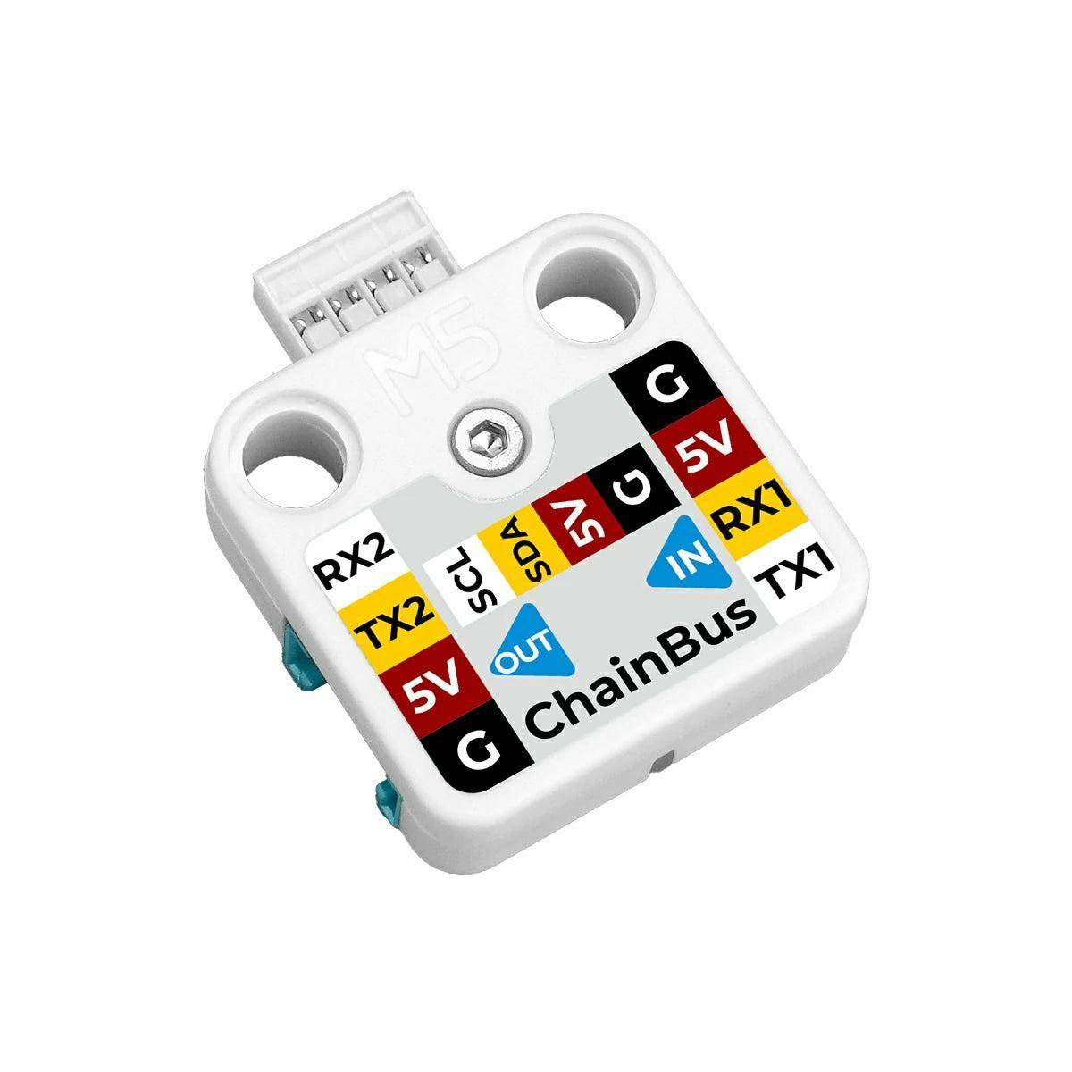 Weiße ChainBus M5 Sensormodul mit beschrifteten Stiftanschlüssen für Stromversorgung, RX/TX, SDA/SCL und Ein-/Ausgabeverbindungen