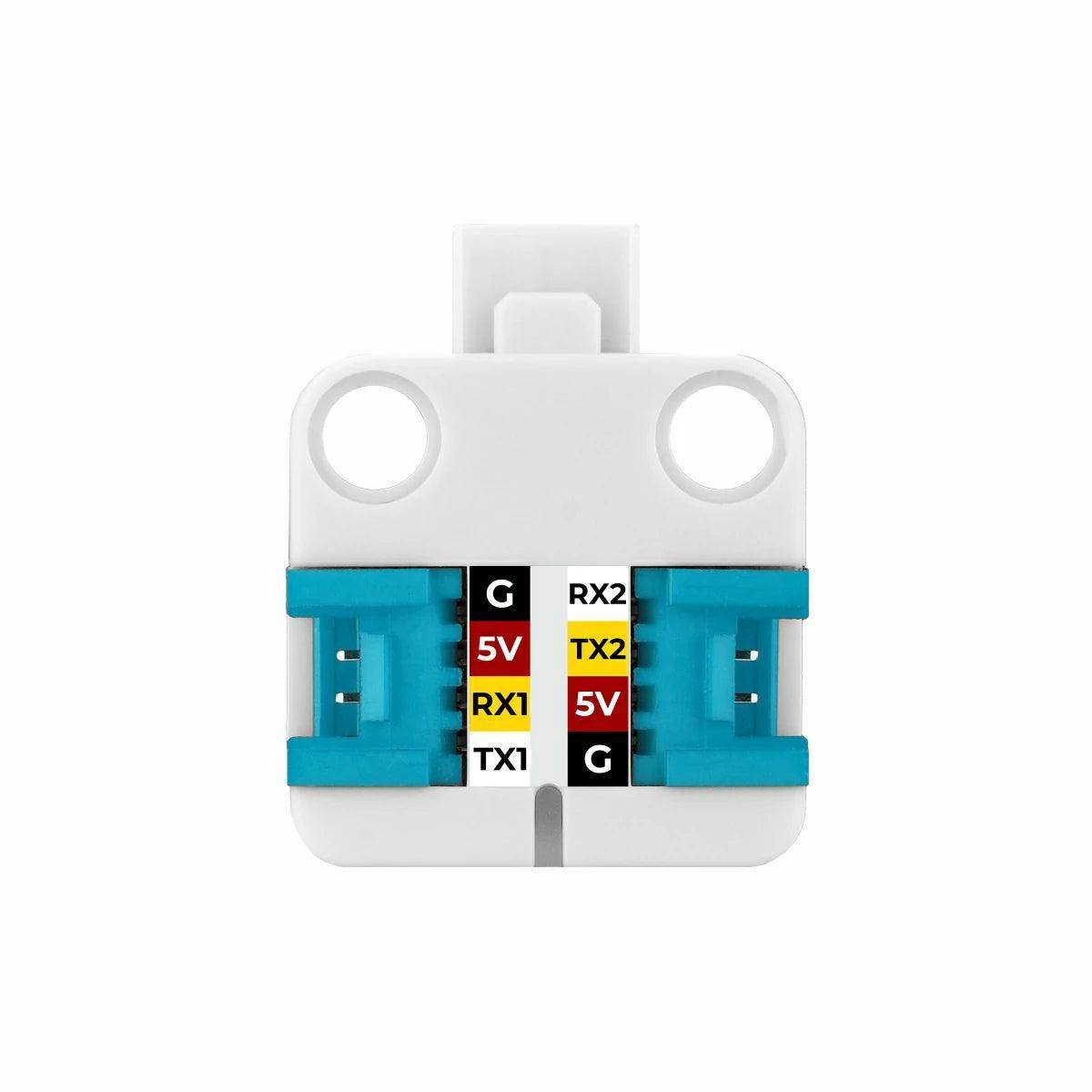 Kleines weiß-blaues elektronisches Steckermodul mit beschrifteten Anschlüssen G, 5V, RX1, TX1, RX2, TX2 und 5V.