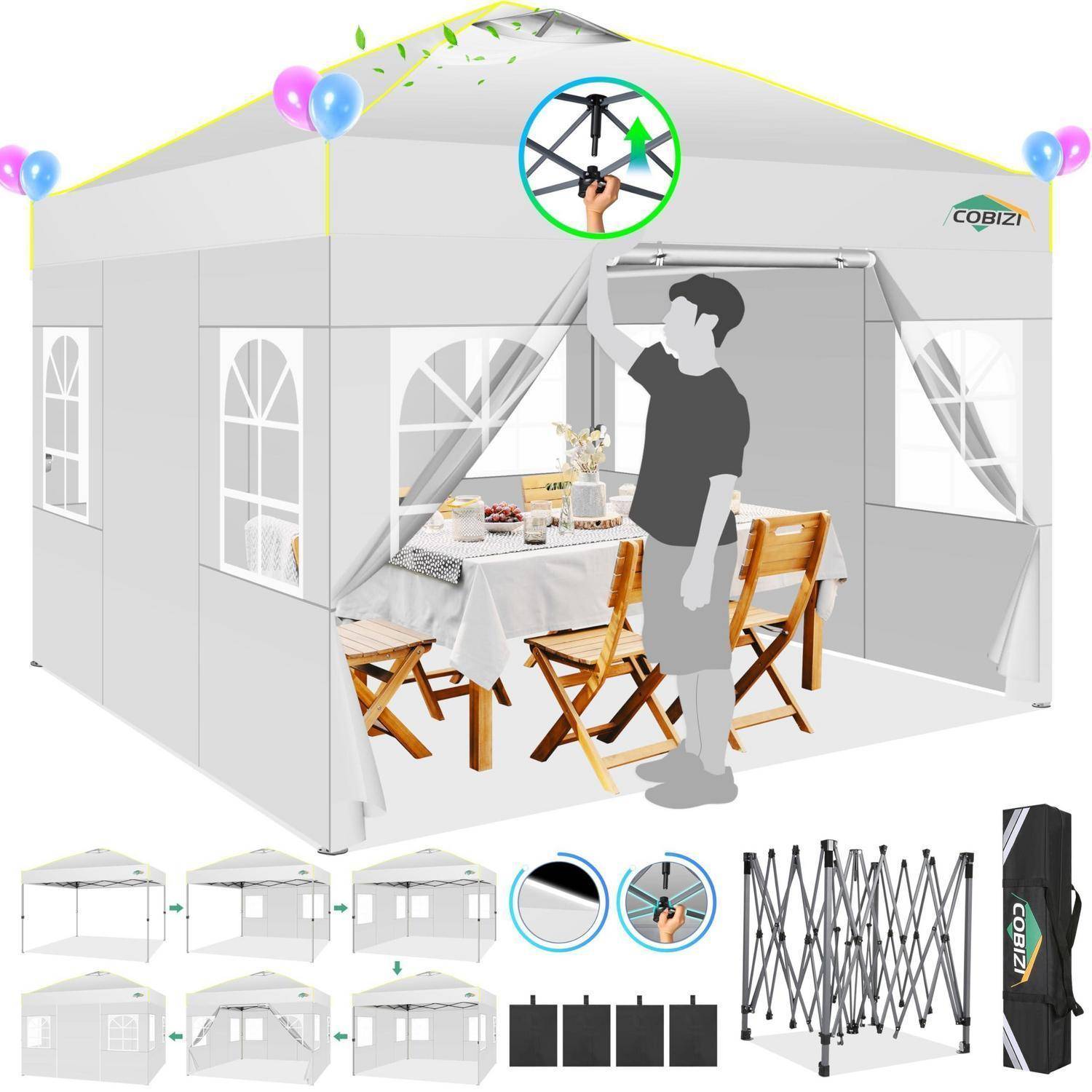 COBIZI Faltpavillon 3x3m Wasserdicht mit 4 Seitenwänden Weiß