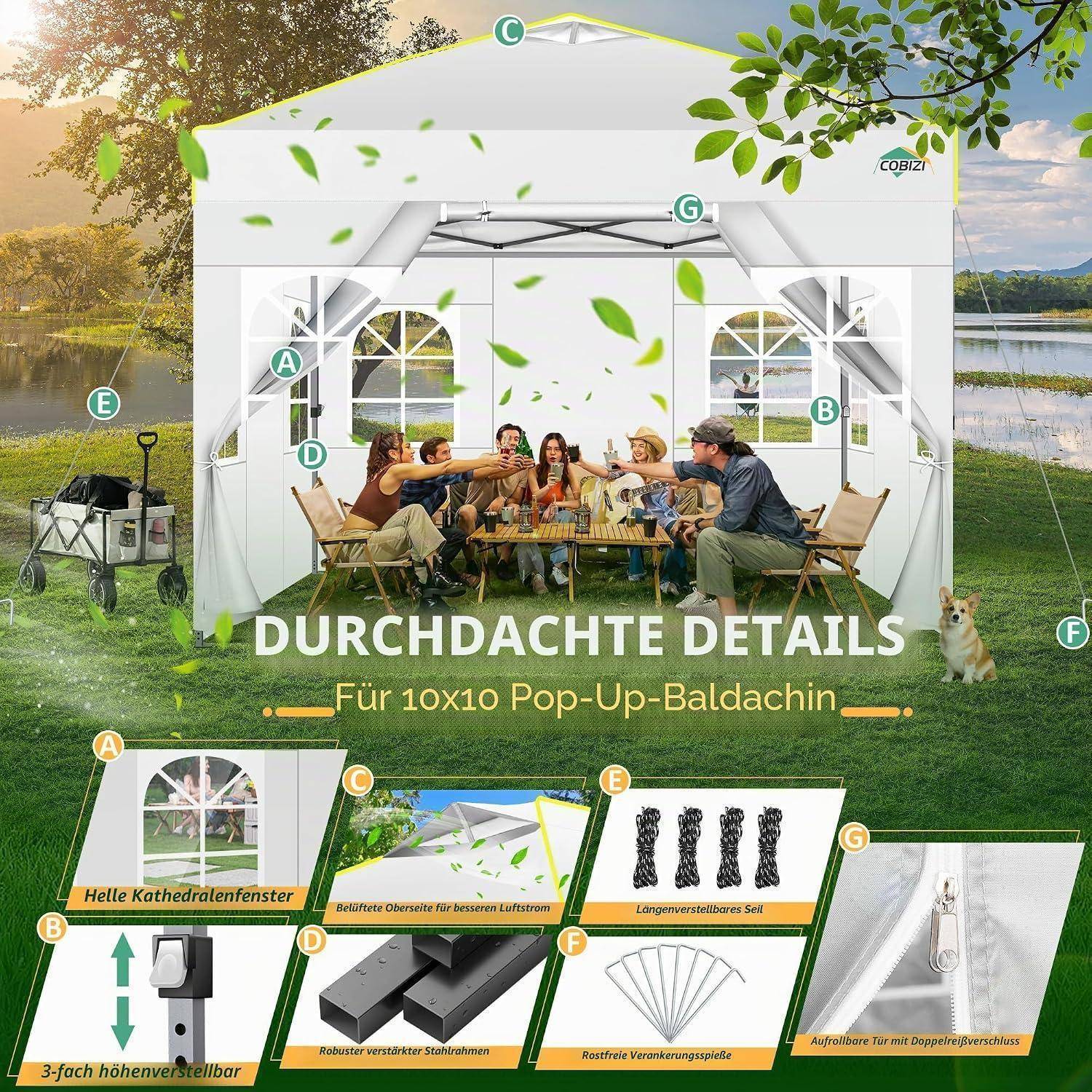 Abbildung eines 10x10 Pop-up-Pavillons, unter dem Menschen im Freien speisen, mit beschrifteten Funktionsmerkmalen und deutschem Text „DURCHDACHTE DETAILS".