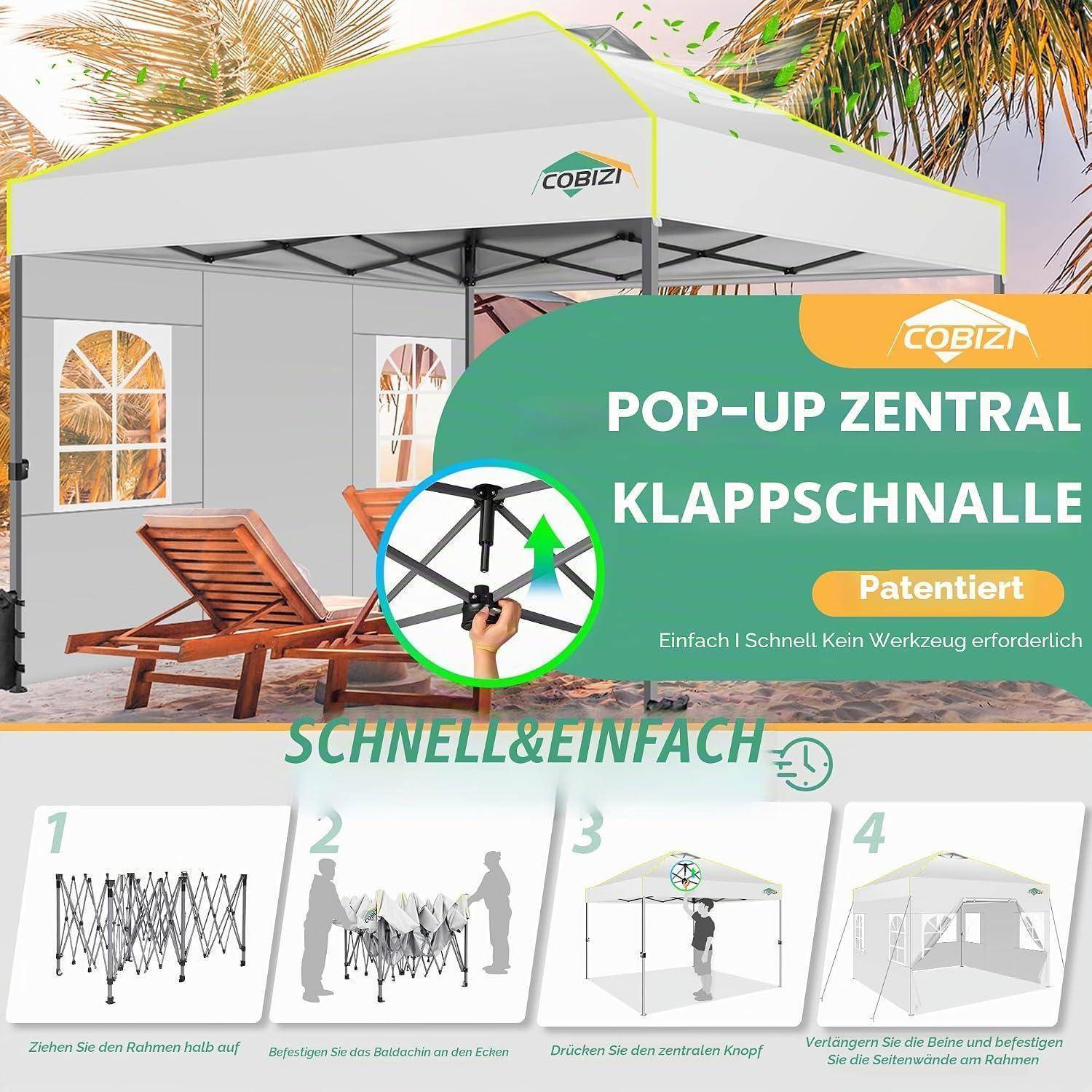 Werbegrafik für ein COBIZI Pop-up-Zelt mit Mittelpunkt-Faltmechanismus, beschriftet mit „POP-UP ZENTRAL KLAPPSCHNALLE" und „Patentiert"", zeigt schnelle Aufbauschritte 1-4.