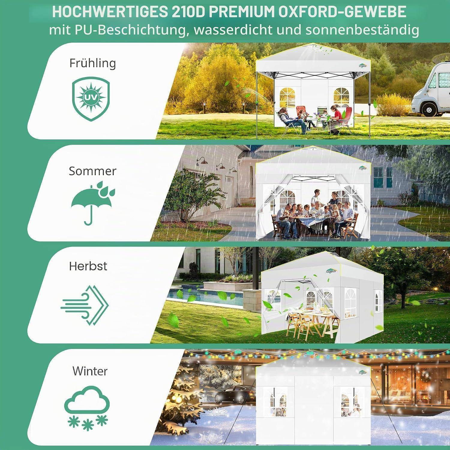 Werbegrafia für ein Pop-Up-Baldachindach, mit den Jahreszeiten Frühling, Sommer, Herbst und Winter beschriftet, zeigt wasserdichte, UV-beständige Verwendung in verschiedenen Jahreszeiten.