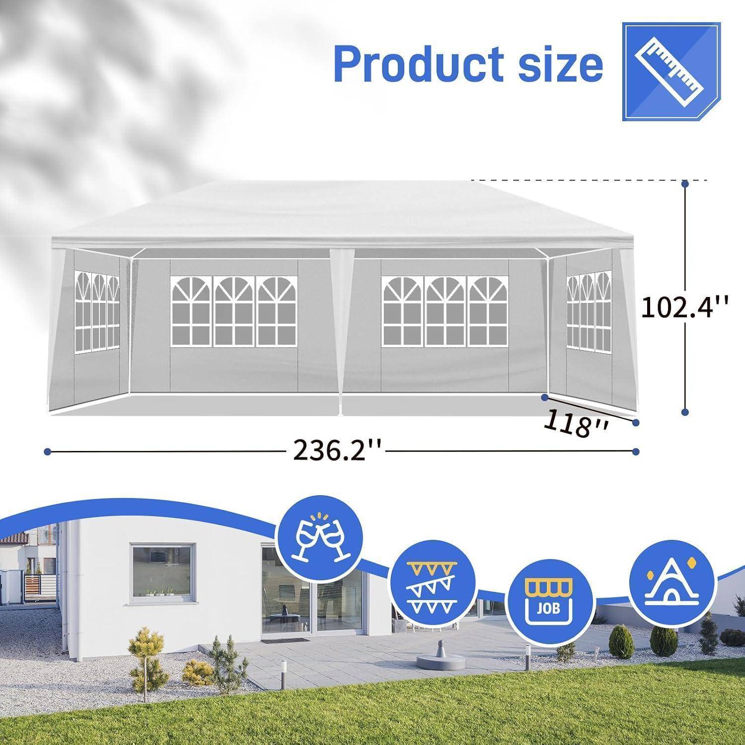 Produktgrößendiagramm für einen pavillon-ähnlichen Baldachin: 236,2 Zoll breit, 118 Zoll tief und 102,4 Zoll hoch, dargestellt mit Seiten- und Frontansichten.