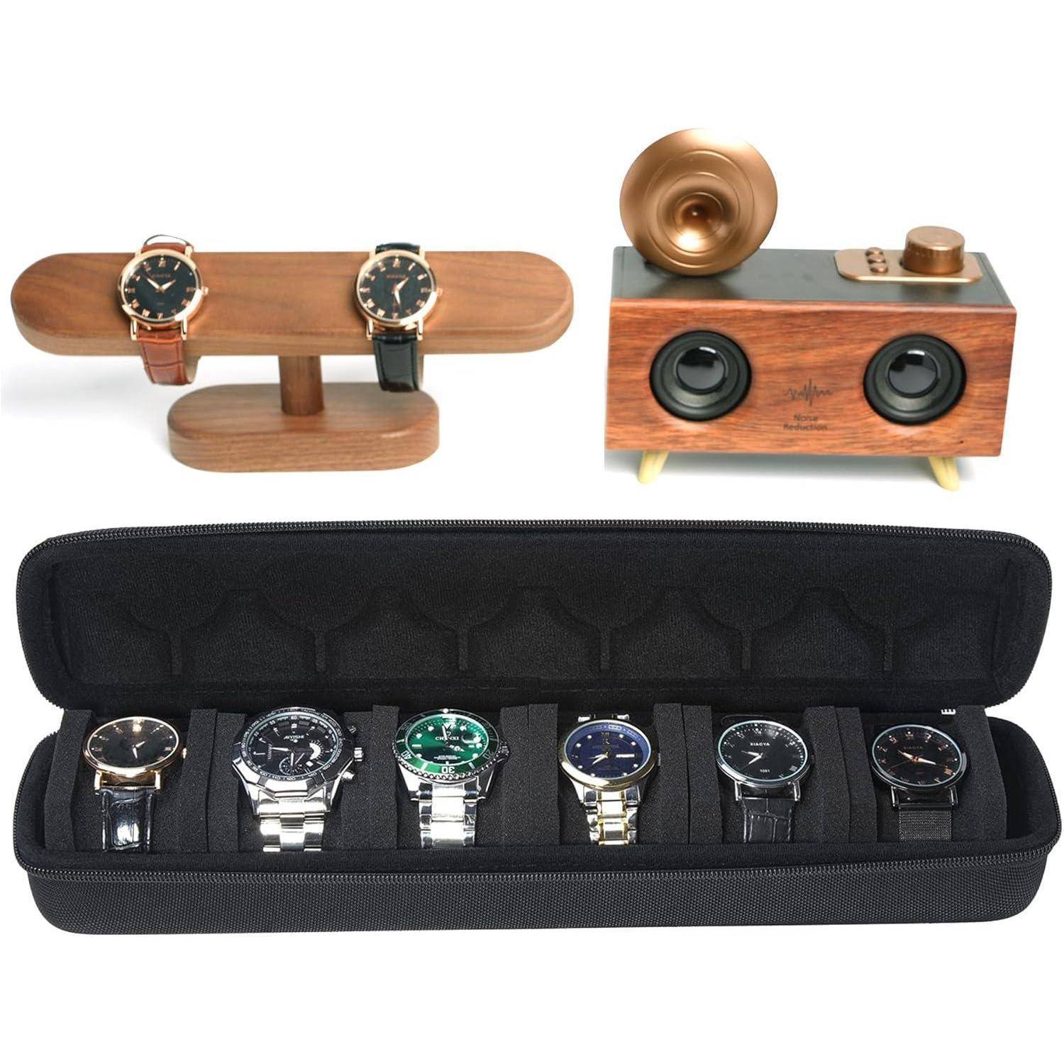 Uhrenanzeigeerset: Ein Holzständer mit zwei Armbanduhren, einem kleinen Holzlautsprecher und einer Reißverschlusstasche zum Lagern von sechs Uhren.