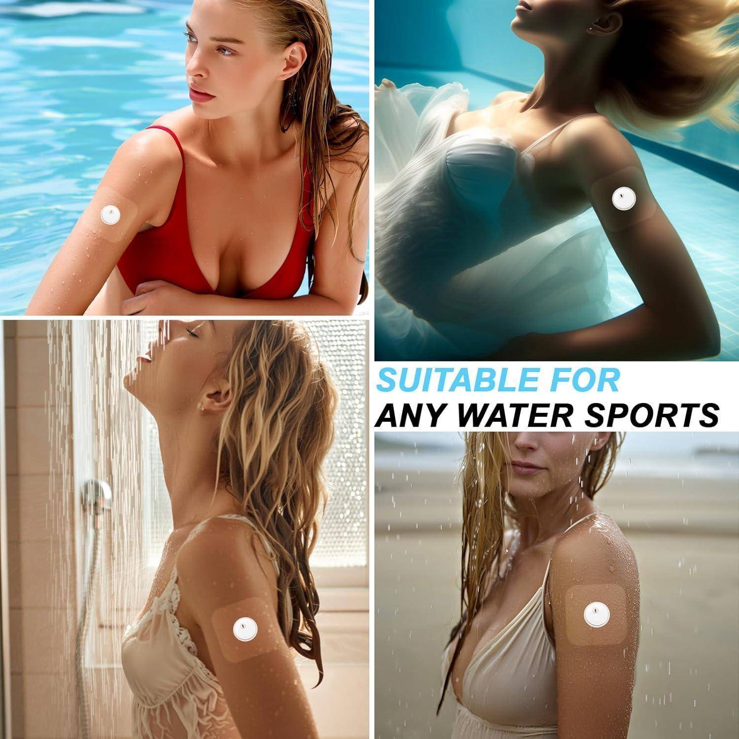Collage zeigt eine Frau, die einen kleinen weißen Haftpflaster auf ihrem Oberarm in Strand-, Pool-, Dusch- und Regensszenen trägt, mit dem Text „GEEIGNET FÜR JEDEN WASSERSPORT".