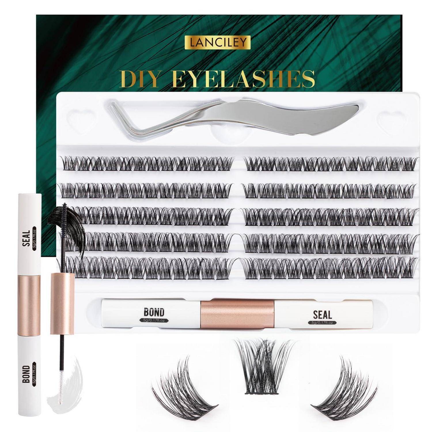 DIY-Wimpernverlängerungsset mit Wimpern, Pinzetten, Kleber- und Versiegelungstuben und falschen Wimpernbüscheln in der Verpackung angezeigt.