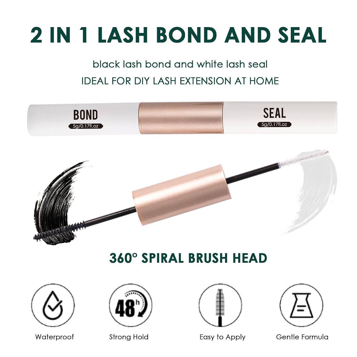 Produktbild eines 2-in-1-Wimpernbonds und Versiegelers für DIY-Wimpernverlängerungen, das schwarzen Bond und weißen Versiegeler, einen 360°-Spiralbürstenkopf und Symbole für wasserfest, 48h Halt, einfache Anwendung und sanfte Formel zeigt.