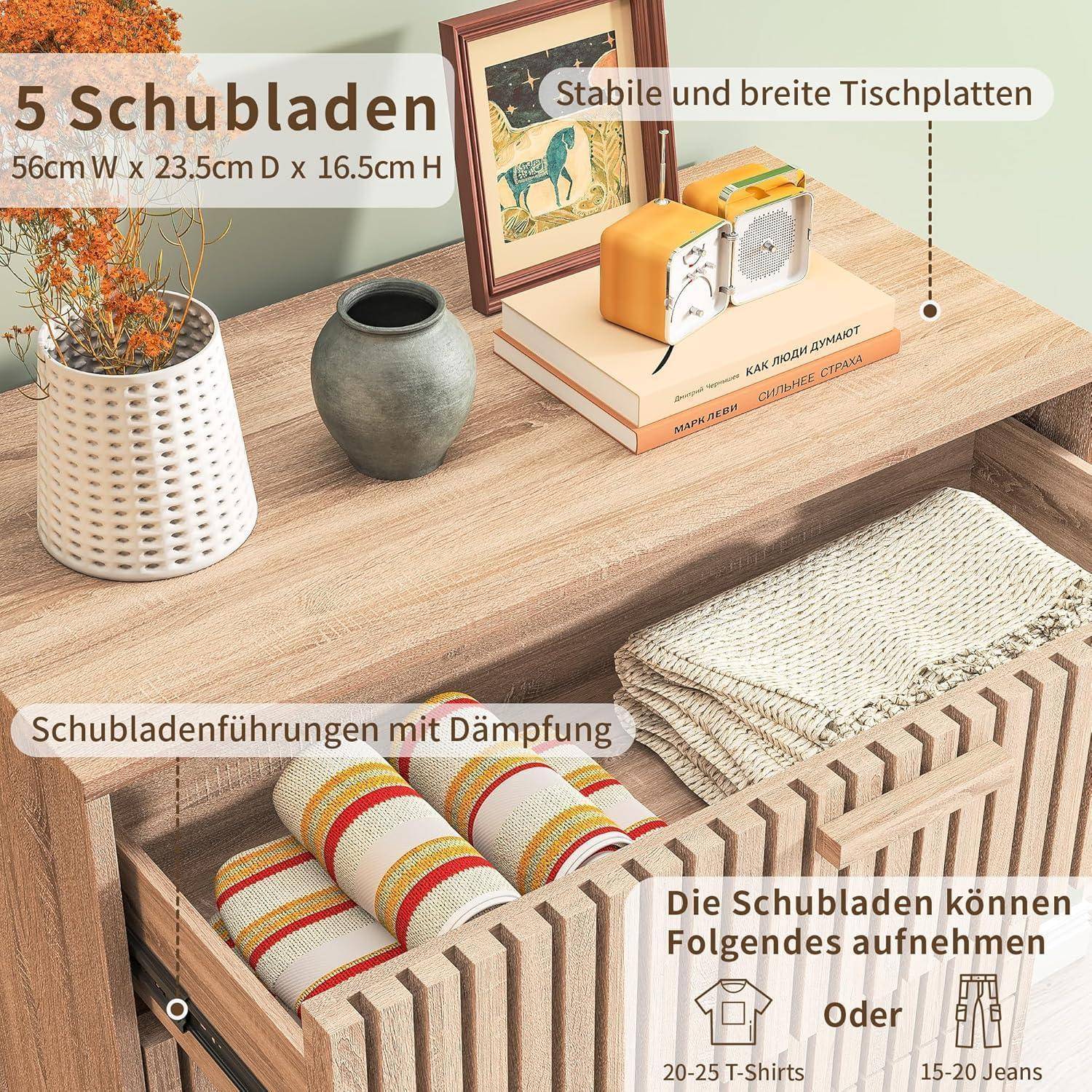 Holzlagerbank mit 5 Schubladen und breiter Tischplatte; Etiketten weisen auf stabile Tischplatte, gedämpfte Schubladenauszüge und Stauraum für Kleidung, Jeans und Bücher hin.
